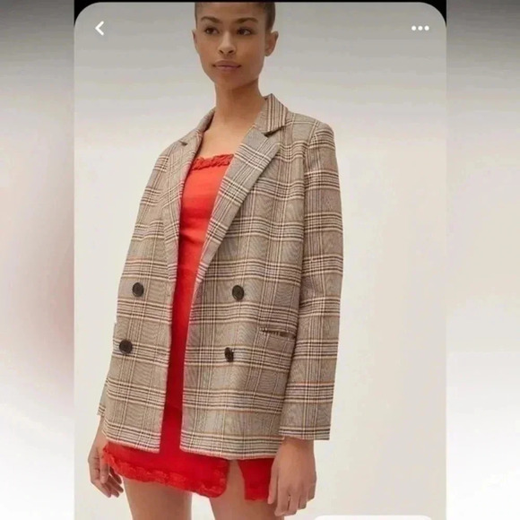 Urban Outfitters Brown Tartan Plaid Double Breasted Blazer Jacket  Size Small S - Picture 1 of 3